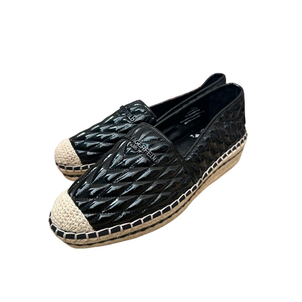 KARL LAGERFELD | Desta Quilted Black Espadrille Flats Leather Logo | Size 11